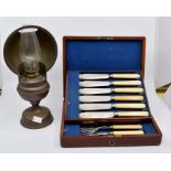 A collectors lot to include; a lace makers lamp, plated fish knives and forks, in wooden case,