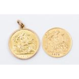 A half sovereign in pendant mount, dated 1914, along with half sovereign dated 1910, weight approx