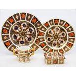 Royal Crown Derby pattern 1128 large plate, medium plate, two handled mug and lidded trinket box,