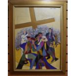Olwen Tarrant, abstract scene depicting figures centred around a cross, oil on board, signed to