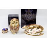 Three Royal Crown Derby paperweights owl, crocodile and millennium bug