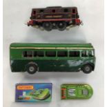 Tri-ang tin plate, 1950's, single decker bus, Continental London Transport train carriage, and a