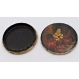 A late 18th Century, early 19th Century pill/snuff box, lacquered paper mache with hand painted