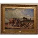 A 20th Century watercolour depicting farmers working their horse drawn ploughs, indistinctly signed,