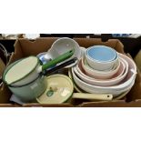 Circa 1950's as new kitchen items including mixing bowls, pudding bowls, pots and pan enamelled