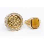 Two 9ct gold signet rings, one set with a cushion shaped tigers eye, size S, (shank is slightly