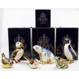 A group of Royal Crown Derby paperweights including polar bear, puffin, fountain frog, long tailed