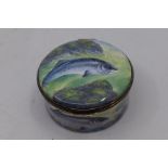 An Elliott Hall Enamels round box, hand painted with a leaping salmon by Terry Halloran, 8 of 25,