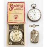 Two pocket watches: one boxed 1930's "Services Army" pocket watch with white enamel dial with