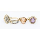 Four 9ct gold gem-set rings, including opal, cameo, amethyst etc, sizes M, O, K1/2, M1/2, total