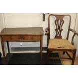 18th Century oak single drawer hall table/small desk, on sabre legs, brass swan neck handle, along