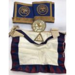 A collection of Masonic items, including sashes, one Masonic silver jewel and one Masonic silver