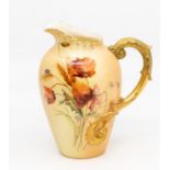 A Royal Worcester blush ivory milk jug, with a flowering foliage pattern, gilt scrolled handle,