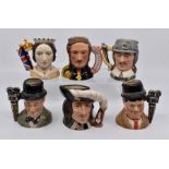 Six Royal Doulton character jugs including Queen Victoria, Prince Albert, Laurel & Hardy, Charles