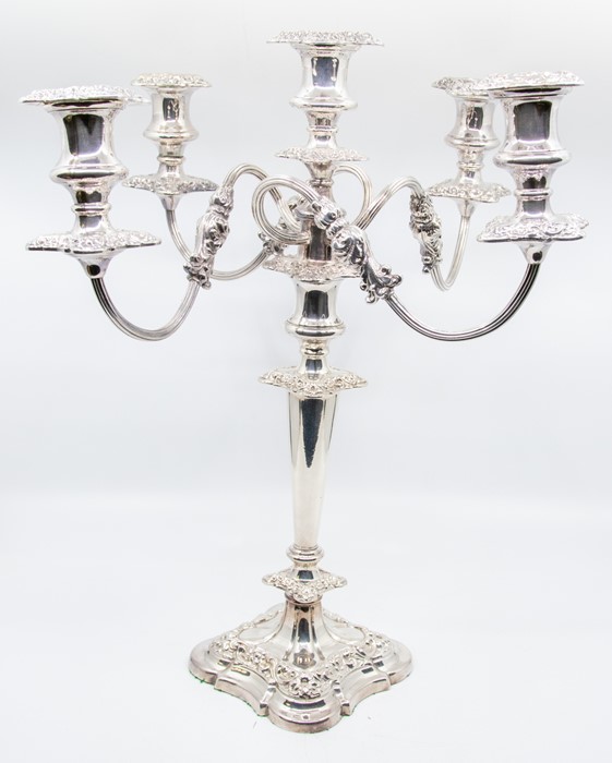 A Victorian style silver plated five light Candelabrum, baluster sconce above tapering cylindrical