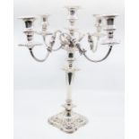 A Victorian style silver plated five light Candelabrum, baluster sconce above tapering cylindrical