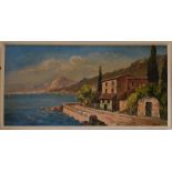 A 20th Century oil on canvas depicting an Italian scene overlooking a bay, pallet knife, 57 x 117