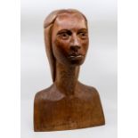 A large pitch pine bust of a young lady, possibly made as a mascot, the front of a ship, 50cms