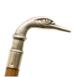 A Continental white metal mounted walking stick, cast as a goose head, unmarked