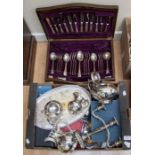 A collection of mid 20th Century flat wares that are mostly cased along with silver plated tea sets,