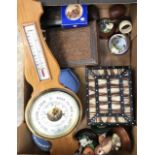 A collection of vintage games,  barometer, boxes, Jasper ware, bone napkins, collection of 45's