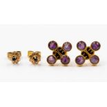 A pair of sapphire and 9ct gold stud earrings, along with a pair of amethyst flower cluster earrings