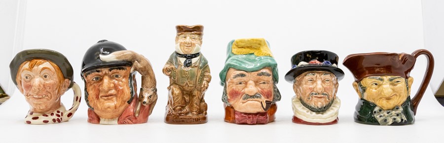 Five small Royal Doulton character jugs, including Gone Away and Beefeaters, along with a sixth