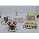 Five Coalport china models of houses and churches including Robert Burns cottage, Mulberry Hall etc