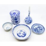 A collection of assorted Chinese blue and white ceramics comprising hand painted rise bowl, blue and
