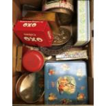 A quantity of tins circa 1950's and earlier, along with some metal ware (1 box)