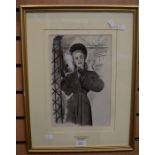 A watercolour of a 1930's lady waiting at the station, by Lucien David, 1860-1941, 22 x 35cms