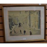 John Thompson, 1924-2011, watercolour depicting figures walking across the tram line at Manchester