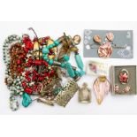 Costume jewellery - coral and pearl necklace; filigree bracelet; rings; cameo brooch; pocket