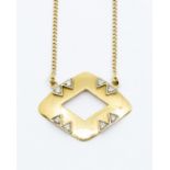 An 18ct gold and diamond pendant, open diamond shape with applied triangular details each inset with
