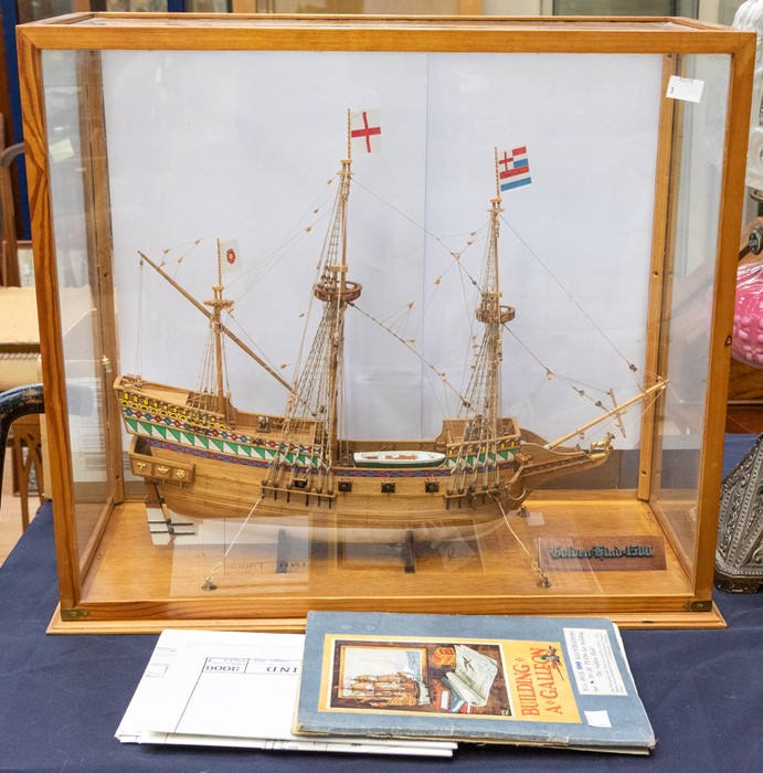 Cased scale model of the Golden Hind, with original construction notes