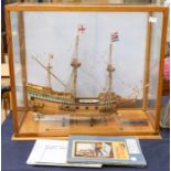 Cased scale model of the Golden Hind, with original construction notes