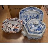 An early 19th Century Ridgway blue printed Indian Temple pattern part dinner service, AF, and an