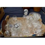 A collection of 20th Century cut glass, moulded glass, decanters, paperweights etc