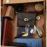 A collectors lot to include serving trays, books, treen boxes, playing cards in cases and desk light