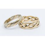 Two 9ct gold rings, both of rope design, comprising one two tone version, sizes L and O, weight