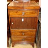 A George III mahogany night stand, having a double folding top, tambour front, with drawer below,