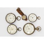 A collection of silver and white metal open face pocket watches, all with white enamel dial, and