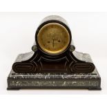 A French black and variegated marble mantel clock, circa 1890, the barrel moulded case on a volute
