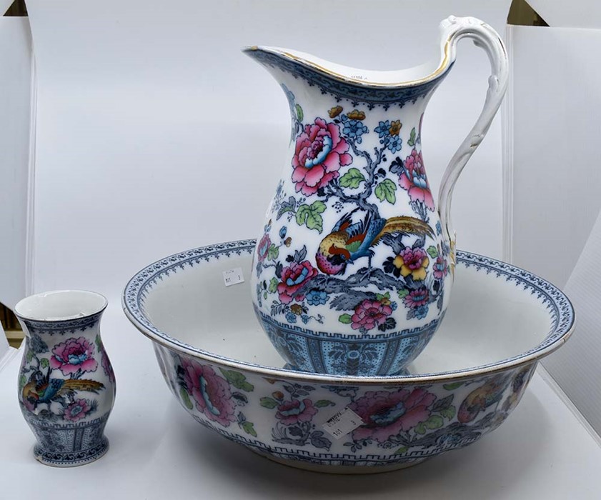 A three piece Victorian jug and bowl set, Losol Ware, Keeling & Co Shanghai Pattern (AF)