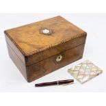 A late Victorian walnut trinket box with mother of pearl card tray, plus a 1960's style fountain