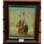 Study of a galleon, oil on canvas, signed Ambrose l r,  24 x 19 cm , framed