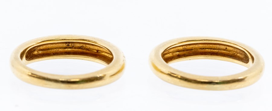 Two diamond and 18ct gold rings, each comprising a domed band pave set with three rows of round - Image 3 of 3