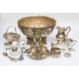 A collection of plated wares including a punch bowl, flat wares, egg cup holder etc (Q)