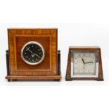 Four British art deco style desk or mantel clocks, the first by Smiths in cross-banded mahogany