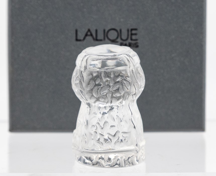 A Lalique glass model of a champagne cork, signed with box